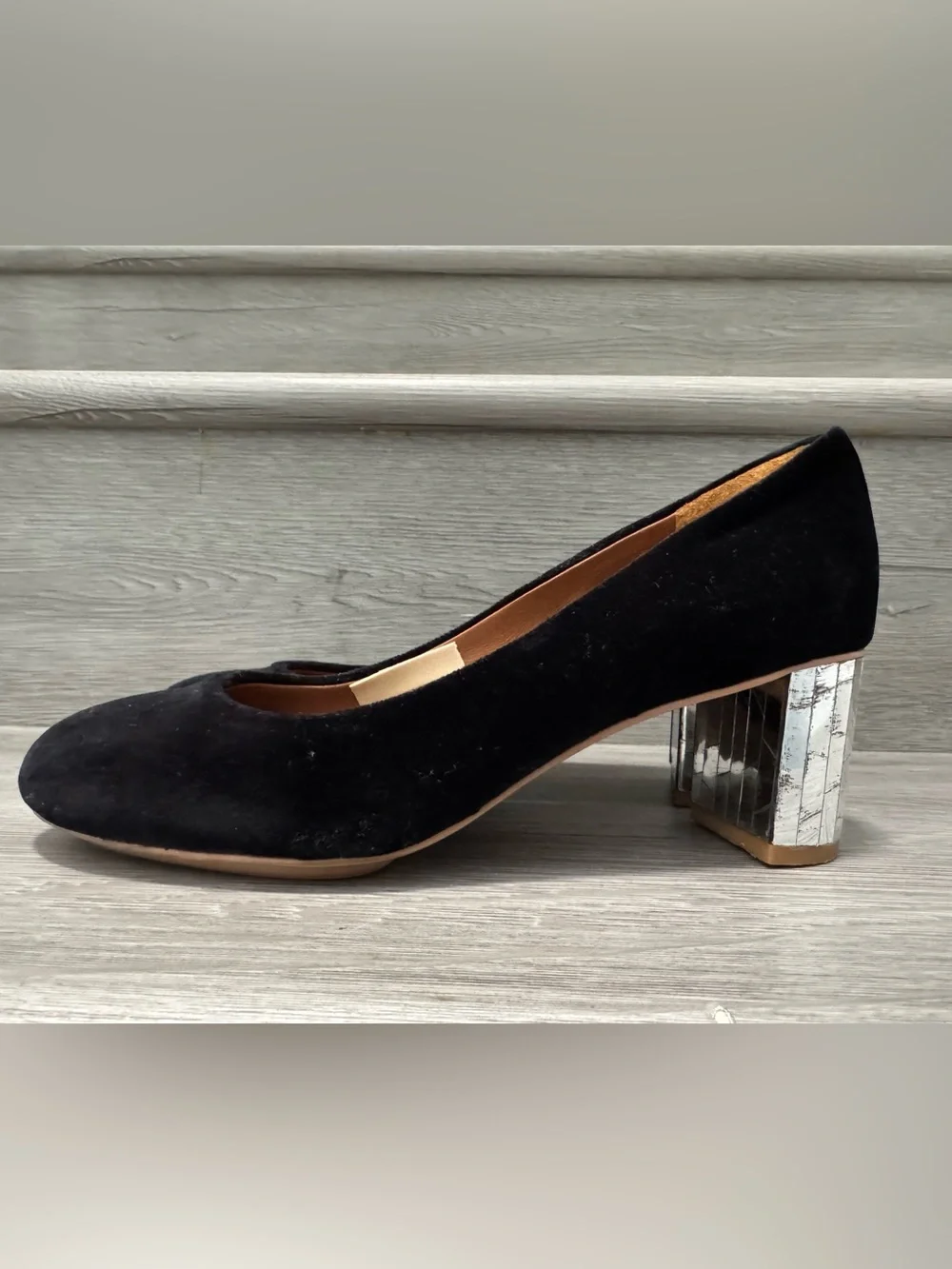See By Chloé Black Velvet Silver Metallic Mirror Block Heel Pumps Size 36